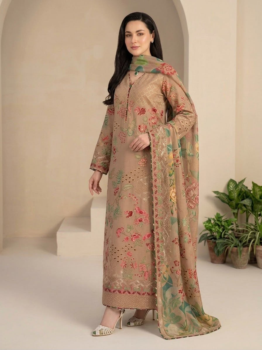 Dhanak embroidered luxury unstitched 3pc suit